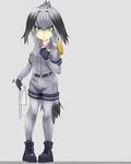  arm_at_side bangs belt bird_tail black_gloves black_hair fingerless_gloves full_body gloves grey_background grey_hair grey_shirt grey_shorts hand_on_hip hand_up kemono_friends long_hair looking_at_viewer low_ponytail multicolored_hair necktie necktie_removed orange_hair shirt shoebill_(kemono_friends) short_sleeves shorts side_ponytail simple_background sman solo standing staring undressing white_neckwear yellow_eyes 