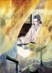  architecture black_hair braid chinese_clothes cup curtains east_asian_architecture elbows_on_table fan food grey_eyes hanfu highres indoors lan_wen_xuan male_focus multiple_boys paper_fan scroll sitting table wide_sleeves window 