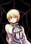  absurdres androgynous blonde_hair chain dia_(yvirus68) earrings highres hunter_x_hunter jewelry kurapika looking_at_viewer male_focus parted_lips red_eyes solo spider_web_background 