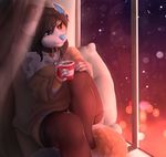  5_fingers anthro beverage blue_nose brown_eyes brown_hair canine clothed clothing dog female hair inside looking_outside mammal sitting smileeeeeee solo window 