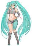  aqua_eyes aqua_hair arm_warmers asymmetrical_clothes black_legwear crop_top full_body hair_between_eyes hatsune_miku highres kneehighs long_hair looking_at_viewer navel sachito simple_background solo standing stomach taut_clothes twintails very_long_hair vocaloid white_background 