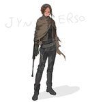  belt boots brown_hair cape capelet character_name energy_gun fingerless_gloves gloves holster jacket jyn_erso kawaguchi_(mojacome) looking_at_viewer pants ray_gun rogue_one:_a_star_wars_story science_fiction solo star_wars tonfa torn_clothes weapon white_background 