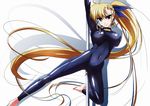 adapted_costume barefoot blonde_hair bodysuit breasts breasts_apart covered_navel covered_nipples heterochromia long_hair looking_at_viewer lyrical_nanoha mahou_shoujo_lyrical_nanoha_vivid medium_breasts older pole_dancing side_ponytail simple_background skin_tight smile solo stripper_pole tappa_(esperanza) vivio 