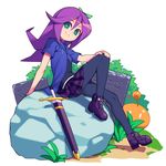  abigail_(stardew_valley) bow choker commentary_request cross-laced_footwear grass green_eyes hand_on_own_knee hood hooded_jacket jacket long_hair metata miniskirt open_clothes open_jacket pantyhose purple_hair short_sleeves sitting sitting_on_object skirt solo stardew_valley sword weapon 