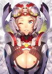  blue_eyes breasts brown_hair cleavage cleavage_cutout goggles goggles_on_head helmet huge_breasts looking_at_viewer mecha mechanical ogino_(oginogino) one_eye_closed original parted_lips smile solo 