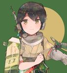  aircraft airplane black_hair brown_eyes flight_deck folded_ponytail gloves green_hakama hakama headphones itomugi-kun japanese_clothes kantai_collection kasuga_maru_(kantai_collection) long_hair looking_at_viewer partly_fingerless_gloves remodel_(kantai_collection) short_sleeves smile solo taiyou_(kantai_collection) upper_body yugake 