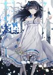  black_hair blue_eyes blue_flower bridal_gauntlets butterfly_hair_ornament choker collarbone dress floating_hair flower hair_ornament hairband holding holding_sword holding_weapon long_hair minatsuki_(lapislazzuli169) original ribbon ribbon_choker sleeveless sleeveless_dress solo standing sundress sword very_long_hair weapon white_hairband white_ribbon 