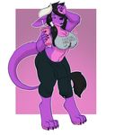  behemoth big_penis black_hair breasts bulge claws clothing cup fur hair holding_cup holding_object horn huge_penis kith0241 lavenderpandy medial_ring pants penis precum purple_fur shirt shura_(kith0241) simple_background tail_tuft thick_penis tight_clothing tuft 