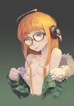  breasts glasses headphones highres karasu_raven long_hair nipples orange_hair persona persona_5 sakura_futaba small_breasts solo 