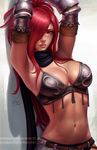  armor armpits arms_up belt breasts cleavage erza_knightwalker fairy_tail gauntlets hair_over_one_eye highres large_breasts long_hair midriff navel realistic red_eyes red_hair scar scarf sciamano240 solo tan 