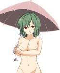  bangs breasts cleavage closed_mouth collarbone colored_eyelashes covering covering_breasts eyebrows_visible_through_hair green_hair groin holding holding_umbrella kazami_yuuka looking_at_viewer medium_breasts miyo_(ranthath) navel nude out-of-frame_censoring pink_umbrella red_eyes short_hair signature simple_background smile solo standing stomach swept_bangs touhou umbrella upper_body wavy_hair white_background 