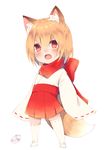  animal_ear_fluff animal_ears blonde_hair blush child chita_(ketchup) commentary_request fangs fox_ears fox_girl fox_tail full_body hair_between_eyes hakama highres japanese_clothes kimono legs_apart looking_at_viewer open_mouth original red_eyes red_hakama red_scarf ribbon-trimmed_legwear ribbon-trimmed_sleeves ribbon_trim scarf short_hair simple_background sleeves_past_wrists solo standing tail thick_eyebrows white_background white_kimono white_legwear wide_sleeves 