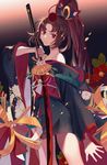  absurdres alternate_costume black_kimono brown_eyes brown_hair dj.adonis flower hair_ornament hair_ribbon high_ponytail highres holding holding_sword holding_weapon japanese_clothes kimono kimono_skirt long_hair looking_at_viewer looking_back nail_polish obi off_shoulder onmyoji onmyouji red_flower red_nails red_ribbon ribbon sash solo standing sword very_long_hair weapon youtouhime 