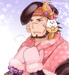  :o beard blush bracer breath brown_hair commentary_request earmuffs earrings facial_hair facial_scar flipped_hair gradient gradient_background hands_on_own_chest hands_up hat jewelry looking_away male_focus marshmallow_mille mittens nose_blush nose_scar ookuninushi_(p&amp;d) open_mouth pink_scarf polka_dot polka_dot_scarf print_scarf purple_eyes puzzle_&amp;_dragons scar scarf solo tamadra twitter_username upper_body v-shaped_eyebrows 