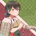  black_hair brown_eyes flight_deck gloves hakama itomugi-kun japanese_clothes kantai_collection kasuga_maru_(kantai_collection) looking_at_viewer partly_fingerless_gloves red_hakama short_hair short_sleeves solo string taiyou_(kantai_collection) upper_body yugake 