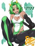  agawa_ryou ahoge artist_name black_sclera black_skin borrowed_character breasts cameltoe character_name cleavage cleavage_cutout commentary green_hair horns large_breasts looking_at_viewer monster_girl multicolored multicolored_skin open_mouth original pointy_ears sharp_teeth skin_tight smile solo teeth two-tone_skin v watermark web_address yellow_eyes 