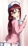  :d blush brown_hair cardigan clipboard dress hair_between_eyes hair_ornament half_updo hat holding holding_pen long_hair long_sleeves looking_at_viewer looking_back love_live! love_live!_school_idol_festival love_live!_sunshine!! low-tied_long_hair nurse_cap open_mouth pen pink_sweater pleated_dress sakurauchi_riko shiimai short_dress smile solo standing sweater white_dress yellow_eyes 