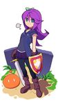  abigail_(stardew_valley) boots bow choker commentary_request gloves grass graveyard green_eyes hood hooded_jacket jacket long_hair metata miniskirt open_clothes open_jacket pantyhose pose purple_hair shield short_sleeves skirt solo stardew_valley sword weapon zipper 