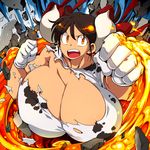  animal_print breasts brown_eyes brown_hair cleavage commentary_request cow_horns cow_print fire gigantic_breasts gloves hataraki_ari horns open_mouth original punching short_hair solo sukimi 