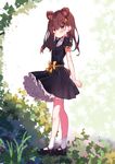  animal_ears arms_behind_back bear_ears bear_girl bear_tail black_dress blush brown_eyes brown_hair dress highres long_hair makiaato mary_janes nature original outdoors shoes socks solo tail 