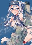  ainu_clothes blue_background blue_eyes breasts cleavage cropped_jacket damaged folded_ponytail headband itomugi-kun kamoi_(kantai_collection) kantai_collection long_hair looking_at_viewer medium_breasts sidelocks smokestack solo thick_eyebrows torn_clothes upper_body white_hair wrist_guards 