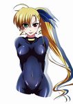  :p adapted_costume blonde_hair bodysuit breasts breasts_apart covered_navel covered_nipples heterochromia highres long_hair looking_at_viewer lyrical_nanoha mahou_shoujo_lyrical_nanoha_vivid medium_breasts older side_ponytail simple_background skin_tight solo tappa_(esperanza) tongue tongue_out vivio 