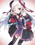  black_legwear dress floating_hair hair_ornament hair_ribbon hand_on_hip index_finger_raised long_hair looking_at_viewer red_eyes red_ribbon ribbon silver_hair smile solo sword_art_online sword_art_online_the_movie:_ordinal_scale thighhighs tsuedzu very_long_hair yuna_(sao) 