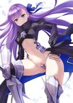  &gt;:) armor armored_boots asle bangs black_coat blue_eyes blue_ribbon blush boots closed_mouth crotch_plate eyebrows_visible_through_hair fate/extra fate/extra_ccc fate_(series) floating_hair hair_ribbon juliet_sleeves long_hair long_sleeves meltlilith navel puffy_sleeves purple_hair ribbon smile solo thighhighs thighs v-shaped_eyebrows 