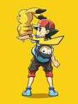  animal_on_arm baseball_cap black_eyes black_hair capri_pants from_behind full_body gen_1_pokemon gen_7_pokemon hat male_focus manin_(mouhitsu) pants pikachu pokemon pokemon_(anime) pokemon_(creature) pokemon_sm_(anime) rowlet satoshi_(pokemon) shirt shoes short_hair simple_background smile sneakers striped striped_shirt t-shirt yellow_background z-ring 