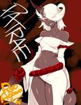  agawa_ryou artist_name bare_shoulders borrowed_character character_name claws commentary dark_skin grin hair_over_one_eye horn midriff monster_girl navel original red_eyes red_sclera sharp_teeth smile solo tail teeth watermark web_address white_hair 
