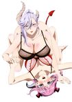 2girls astaroth_(the_seven_deadly_sins) asymmetrical_docking asymmetrical_horns belial_(the_seven_deadly_sins) blush bra breasts cleavage demon_girl glasses heterochromia horns huge_breasts large_breasts lavender_hair lipstick multiple_girls pink_eyes pointy_ears purple_hair red_eyes smile tagme tail the_seven_deadly_sins underwear white_hair white_skin yellow_eyes 