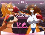  2017 anthro big_breasts boxing boxing_gloves breasts butt canine clothed clothing desingahv duo feline female invalid_tag mammal navel nipples one_eye_closed panties punch sport stripes teeth tiger topless underwear 