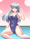  aqua_eyes aqua_hair blush breasts competition_school_swimsuit easily hair_ornament hairclip kantai_collection large_breasts long_hair looking_at_viewer one-piece_swimsuit open_mouth school_swimsuit smile solo suzuya_(kantai_collection) swimsuit 