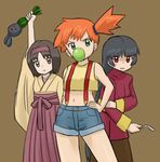  arm_up bangs black_hair blood blunt_bangs brown_background brown_eyes commentary_request erika_(pokemon) gen_1_pokemon green_eyes hairband hand_on_hip holding japanese_clothes kasumi_(pokemon) long_hair looking_at_viewer midriff multiple_girls nakaba natsume_(pokemon) navel oddish open_mouth orange_hair pantyhose parted_lips pokemon pokemon_(anime) pokemon_(classic_anime) pokemon_(creature) pokemon_(game) pokemon_frlg pokemon_rgby red_eyes shorts side_ponytail spoon standing suspenders sweatdrop tank_top 