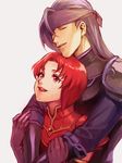  1girl armor bad_id bad_pixiv_id black_armor blue_hair closed_eyes couple fire_emblem fire_emblem:_fuuin_no_tsurugi gale_(fire_emblem) gauntlets gem grey_background happy headband hetero hug hug_from_behind lips long_hair looking_at_another looking_up lotter75 miledy pauldrons red_armor red_eyes red_hair short_hair simple_background smile teeth 