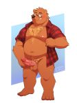  2018 4_fingers 4_toes anthro balls blush body_hair brown_bear brown_fur chest_hair clothed clothing erection eyewear front_view fur glasses grin grizzly_bear hi_res humanoid_penis looking_at_viewer male mammal navel nipples o-ro open_shirt penis pubes richie_bear slightly_chubby smile solo standing toes ursine vein veiny_penis 