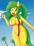  &lt;3 &lt;3_eyes 2017 anthro areola breasts cleavage clothed clothing equine fan_character female green_hair hair horse mammal mango_(character) my_little_pony onepiece pony solo swimsuit the-butcher-x v_sign 