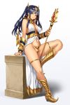  1girl black_hair boots breasts c-string egyptian egyptian_clothes gold heterochromia highres horus_(houtengeki) houtengeki jewelry large_breasts long_hair looking_at_viewer multicolored multicolored_eyes navel original red_eyes simple_background sitting solo staff twintails white_background yellow_eyes 