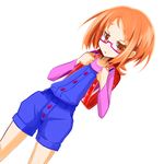  1girl backpack bag brown_eyes buttons child eyelashes glasses orange_hair overalls precure shirabe_ako short_hair simple_background solo suite_precure under-rim_glasses white_background 