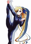  adapted_costume barefoot blonde_hair bodysuit breasts covered_navel covered_nipples heterochromia highres leg_lift long_hair looking_at_viewer lyrical_nanoha mahou_shoujo_lyrical_nanoha_vivid medium_breasts older side_ponytail simple_background skin_tight smile solo split standing standing_on_one_leg standing_split tappa_(esperanza) vivio 