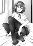  :d absurdres bangs bed bed_sheet between_legs black_legwear blush collared_shirt commentary_request crotch_seam curtains feet foreshortening full_body greyscale hairband hand_between_legs highres indoors kyuuso_inukami leaning_back miniskirt monochrome no_shoes on_bed open_mouth original panties panties_under_pantyhose pantyhose pantyshot pantyshot_(sitting) ribbon round_teeth school_uniform see-through shirt short_sleeves sitting skirt smile sweater_vest teeth toes tsurime underwear upskirt wing_collar 