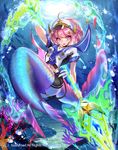  air_bubble battle_siren_janka bubble cardfight!!_vanguard company_name coral fish full_body hat head_fins mermaid military_hat monster_girl official_art open_mouth pink_eyes pink_hair polearm sailor_collar solo sparkle spear sptuel star submerged teeth underwater weapon 