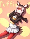  absurdres atlantic_puffin_(kemono_friends) black_hair character_name eating feathered_wings feathers highres japari_chips kemono_friends miniskirt multicolored_hair necktie open_mouth pantyhose pynha red_eyes red_hair scarf skirt solo teeth white_hair wings 