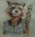  armor didierplouviez_(artist) disney fangs groot guardians_of_the_galaxy mammal marvel plant raccoon rocket_raccoon smile 