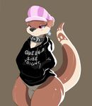  2017 anthro berry_ranieri black_nose bottomless clothed clothing collar ear_piercing english_text female half-closed_eyes mammal mustelid otter piercing pink_eyes pussy simple_background smile solo sweater text thick_thighs xilrayne 