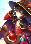  bandaged_leg bandages belt black_gloves black_hair blurry button_eyes cape collar depth_of_field dress fingerless_gloves gloves hat highres holding holding_staff kono_subarashii_sekai_ni_shukufuku_wo! megumin red_dress red_eyes ro_risu short_hair_with_long_locks single_thighhigh solo staff thighhighs v witch_hat 