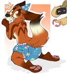  2017 4_toes anthro backsash black_nose brown_eyes brown_fur canine cellphone diaper digital_media_(artwork) dog embarrassed fox fur hair looking_back male mammal open_mouth pawpads paws phone simple_background toes tongue 