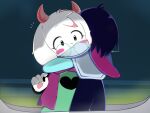  1boy 1other acid animal_ears artist_name blue_skin boat cape colored_skin commentary deltarune furry furry_male glasses goat_boy goat_ears green-framed_eyewear green_robe highres horns hug kris_(dark_world)_(deltarune) kris_(deltarune) on_boat pink_cape pink_horns pink_scarf ralsei robe scarf swan_boat tete_6 utdr_(toby_fox) watercraft 