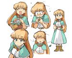  ._. 1990s_(style) 1girl :d ^_^ aqua_overskirt arms_behind_back basket blonde_hair blunt_bangs boots braid brown_boots capelet celine_(fields_of_mistria) closed_eyes closed_mouth constricted_pupils crown_braid dress faux_retro_artstyle fields_of_mistria flower_basket from_above full_body gem green_capelet green_eyes holding holding_basket looking_at_viewer looking_down looking_up multiple_expressions multiple_views open_mouth red_gem retro_artstyle shy smile solid_circle_eyes solo sweatdrop tsubobot white_dress 