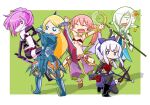  5girls arm_up armor armored_boots arms_up arrow_(projectile) asymmetrical_gloves belt belt_buckle bikini bikini_top_only black_boots black_bridal_gauntlets black_gloves black_shoes black_shorts blonde_hair blue_armor blue_dress blue_eyes blue_gem boots bow bow_(weapon) bridal_gauntlets buckle closed_eyes closed_mouth commentary_request dancer_(sekaiju) dancer_2_(sekaiju) deformed detached_sleeves dress drive_blade_(sekaiju) dual_wielding earrings elbow_gloves flat_chest flower flying_sweatdrops gem gloves goggles goggles_around_neck green_background grin hair_between_eyes hair_bow hair_flower hair_ornament hair_over_one_eye holding holding_arrow holding_bow_(weapon) holding_staff holding_sword holding_weapon imperial_(sekaiju) imperial_2_(sekaiju) jewelry leaf_ornament leg_up legs_apart long_hair looking_ahead looking_at_viewer mismatched_gloves multiple_girls naga_u navel night_seeker_(sekaiju) night_seeker_2_(sekaiju) official_alternate_color open_mouth orange_flower pants parted_bangs pauldrons pink_hair pointy_ears ponytail purple_bow purple_pants purple_shorts quiver red_belt red_bikini red_hair sekaiju_no_meikyuu sekaiju_no_meikyuu_4 shadow shoes shorts shoulder_armor sidelocks smile sniper_(sekaiju) sniper_2_(sekaiju) staff standing standing_on_one_leg striped_clothes striped_pants swimsuit sword teeth thigh_boots twintails upper_teeth_only v-shaped_eyebrows vertical-striped_clothes vertical-striped_pants weapon white_hair wide_ponytail wufan_(sekaiju) 